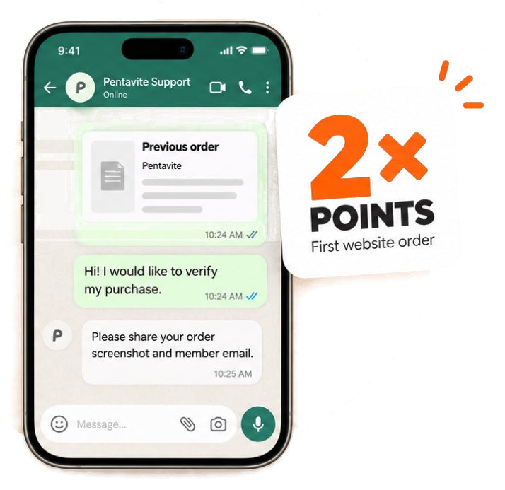 Pentavite Support WhatsApp chat verifying a previous order