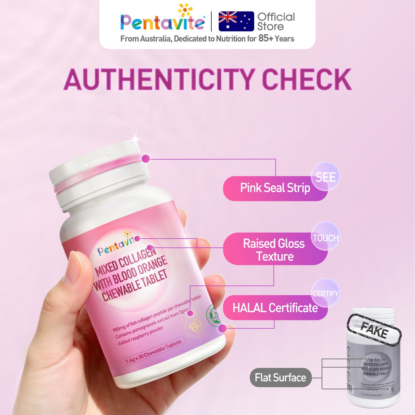 Genuine vs counterfeit authenticity check for Mixed Collagen With Blood Orange Chewable Tablet