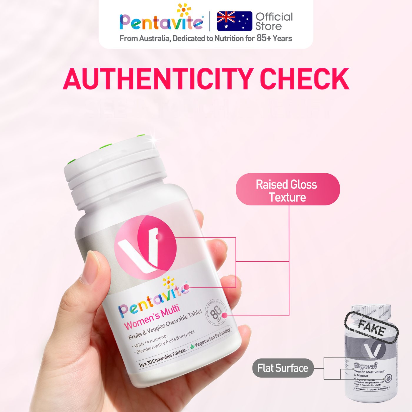 Genuine vs counterfeit authenticity check for Women’s Multi Fruits & Veggies Chewable Tablet