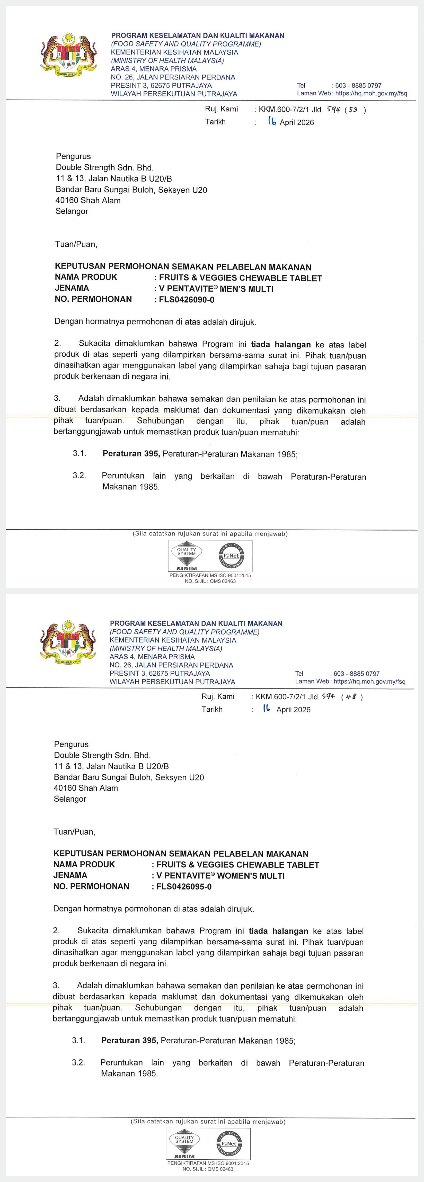 KKM food label review for Trio Kesihatan Harian Pasangan – Multivitamin Lelaki, Multivitamin Wanita & Vitamin C